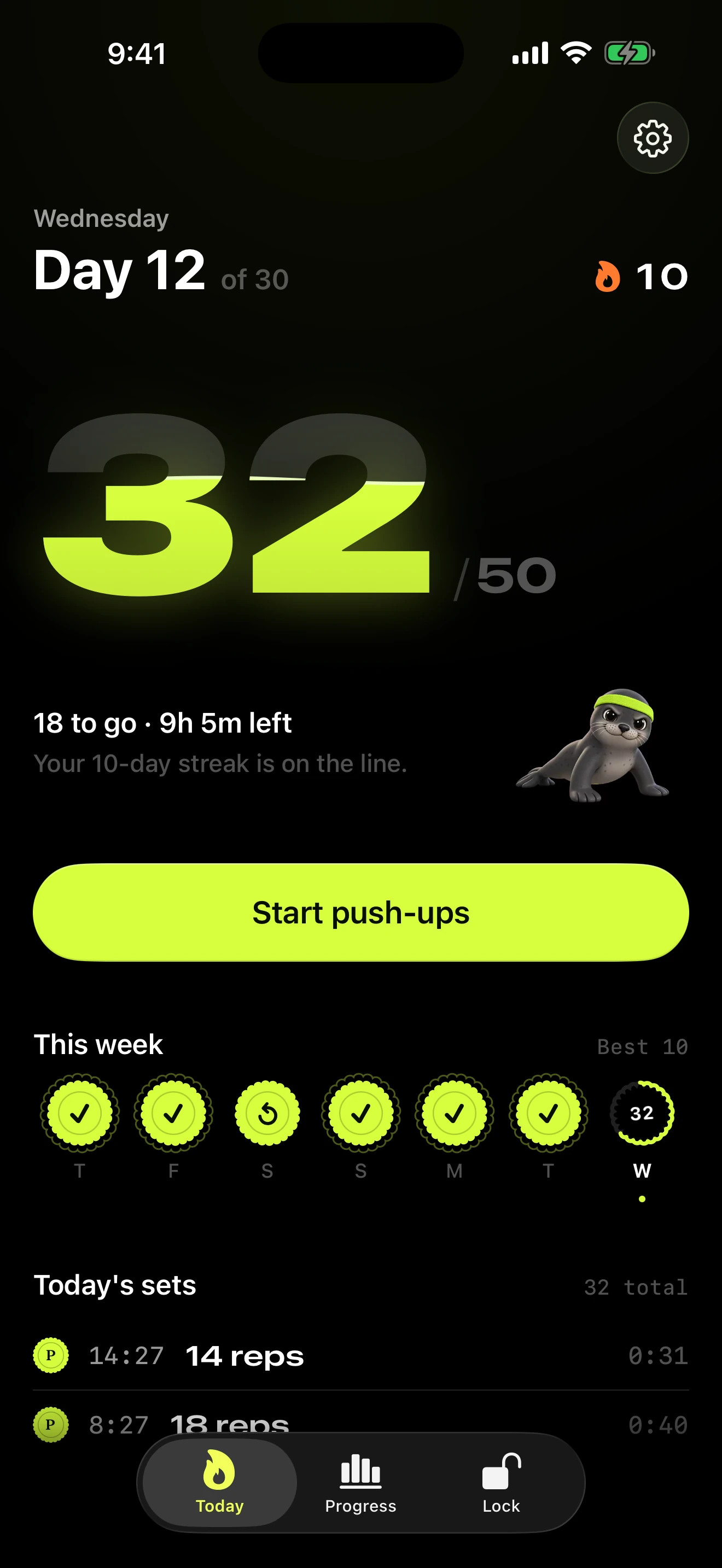 PushPact Today screen: Day 12 of 30, 32 of 50 push-ups done, 18 to go, a 10-day streak and this week's day seals