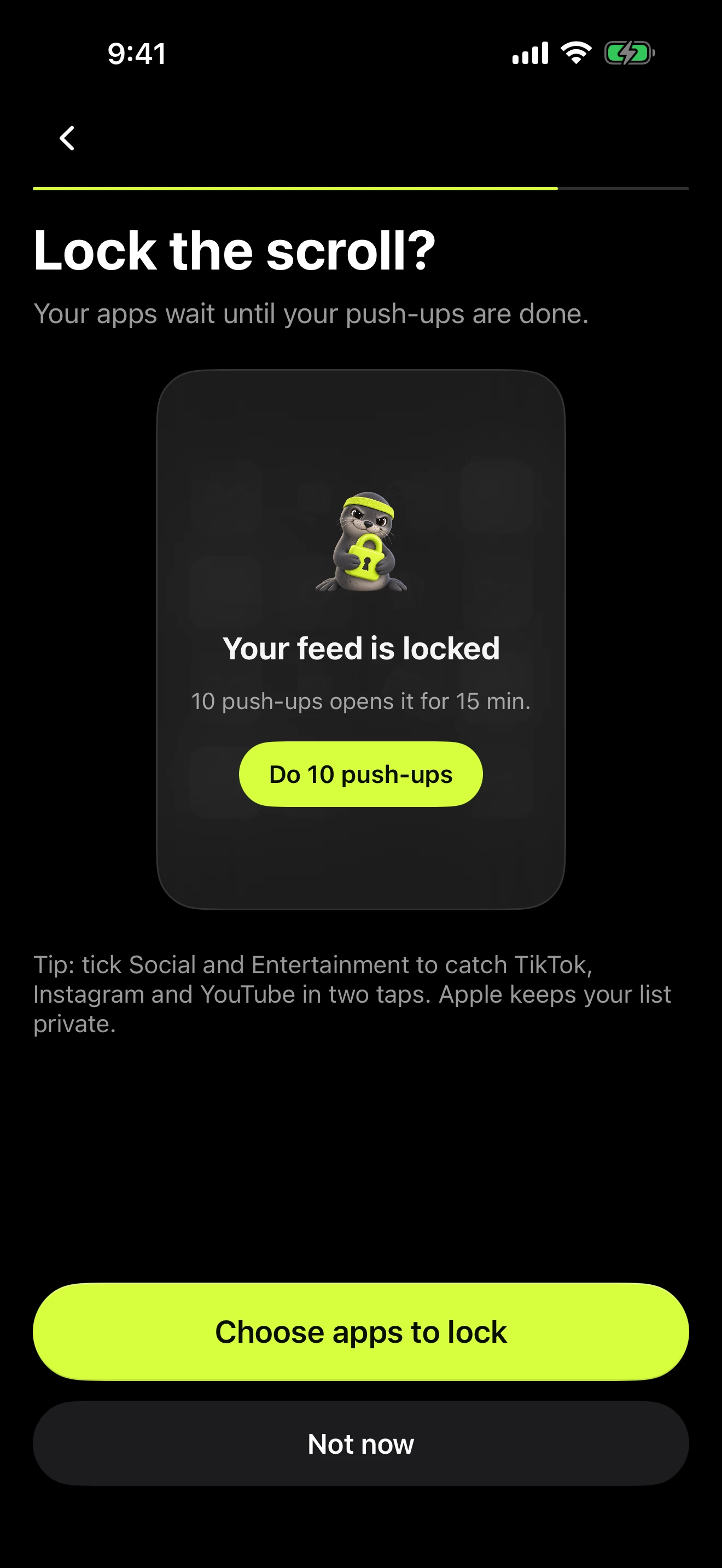 PushPact Lock the scroll screen: your feed is locked, 10 push-ups opens it for 15 minutes, with a button to choose apps to lock