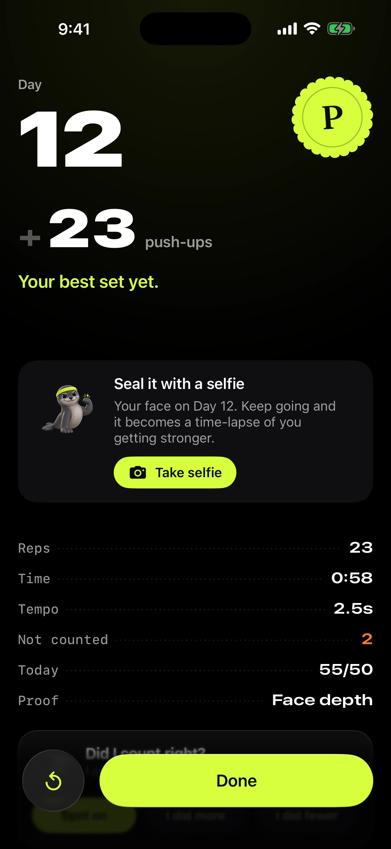 PushPact set summary: Day 12, plus 23 push-ups, your best set yet, a prompt to seal the day with a selfie, and the set's reps, time and tempo