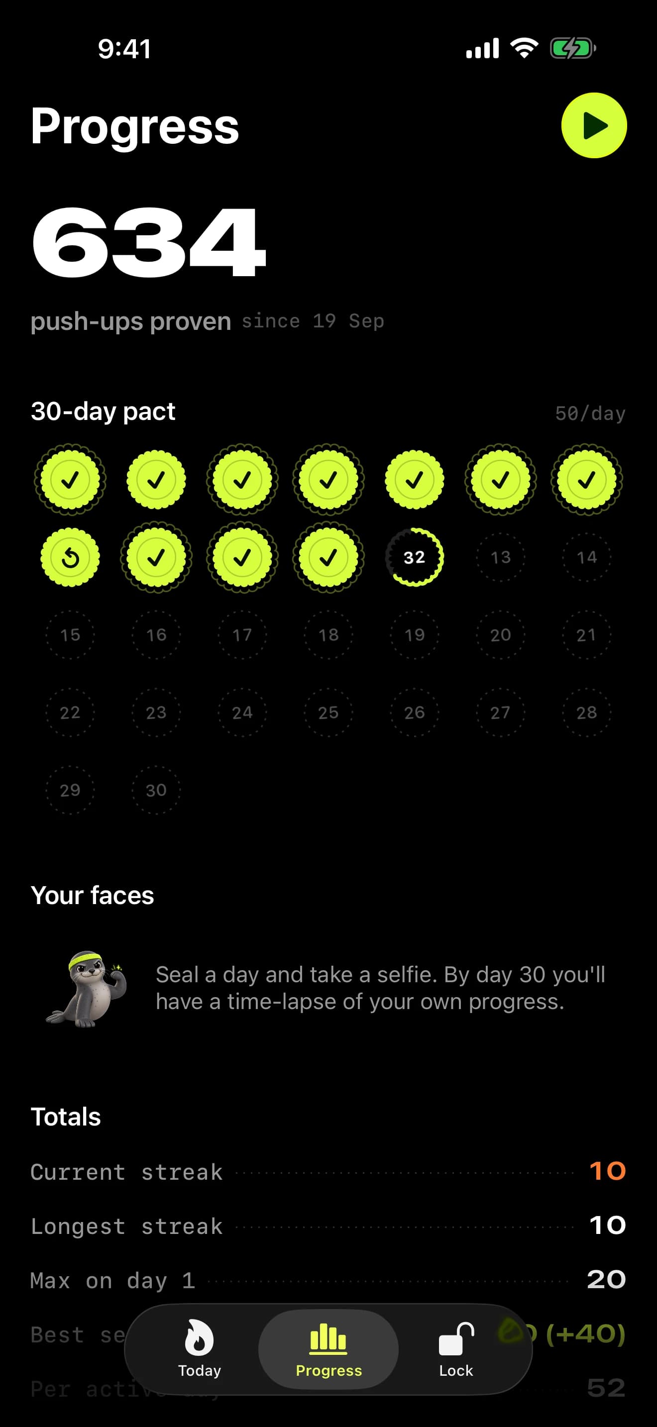PushPact Progress screen: 634 push-ups proven and the 30-day pact calendar filling with day seals